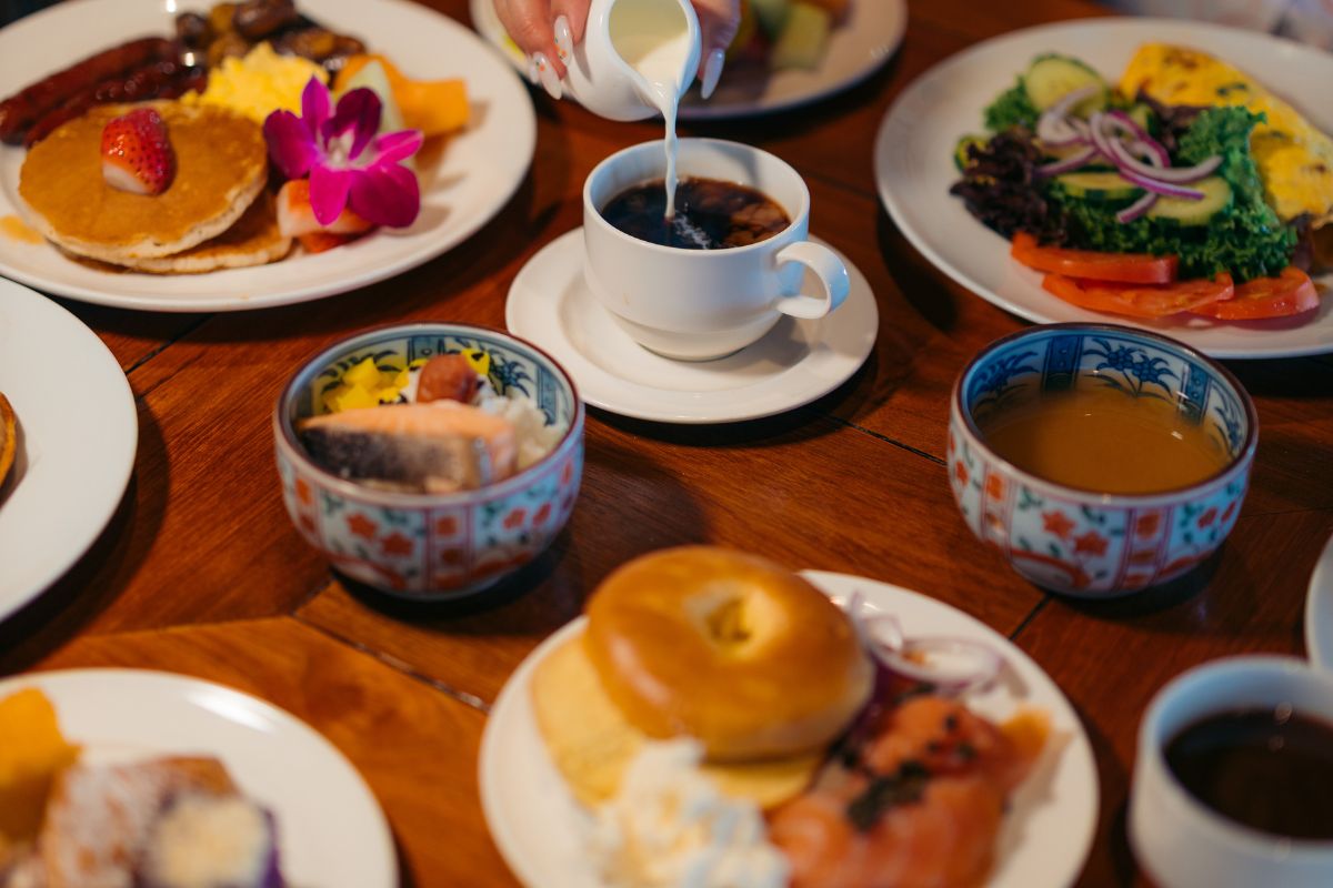 Breakfast food assortment on table 