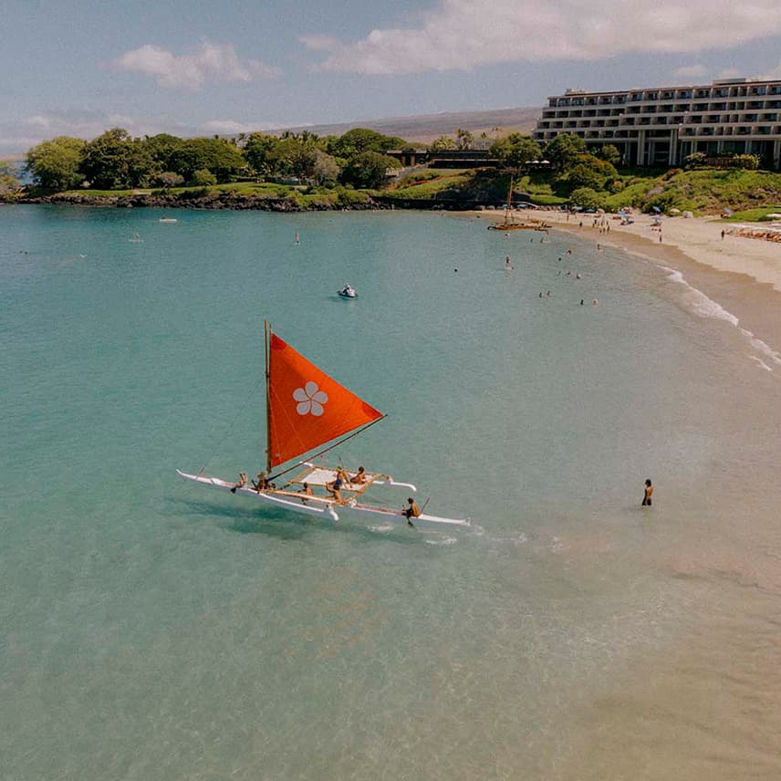 A group go out on a catamaran