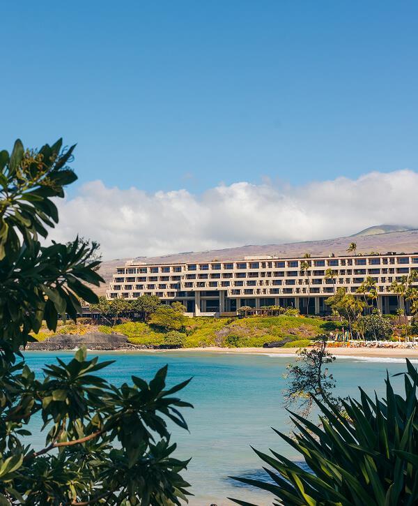 View of resort and beach shoreline with lush foliage